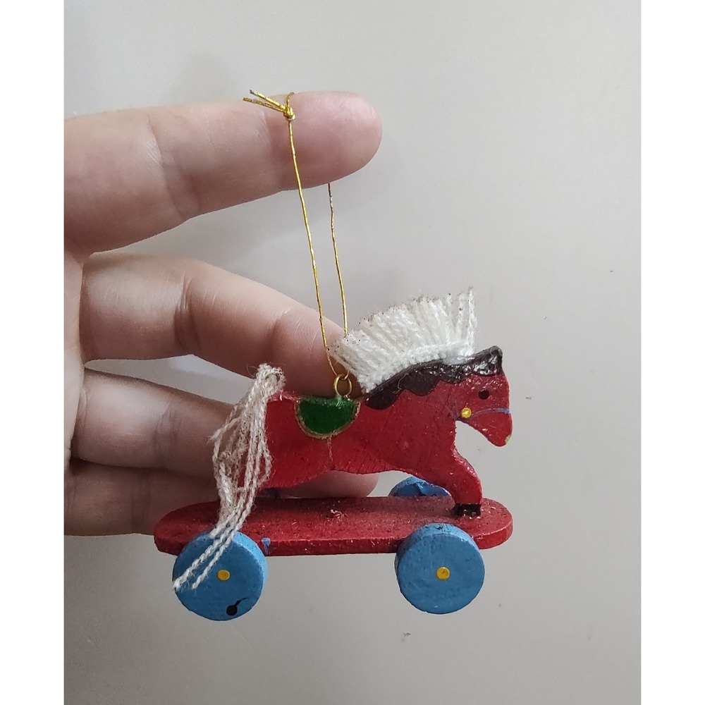 Vintage Wood Christmas Ornament Red Pull Horse Toy Holiday A11